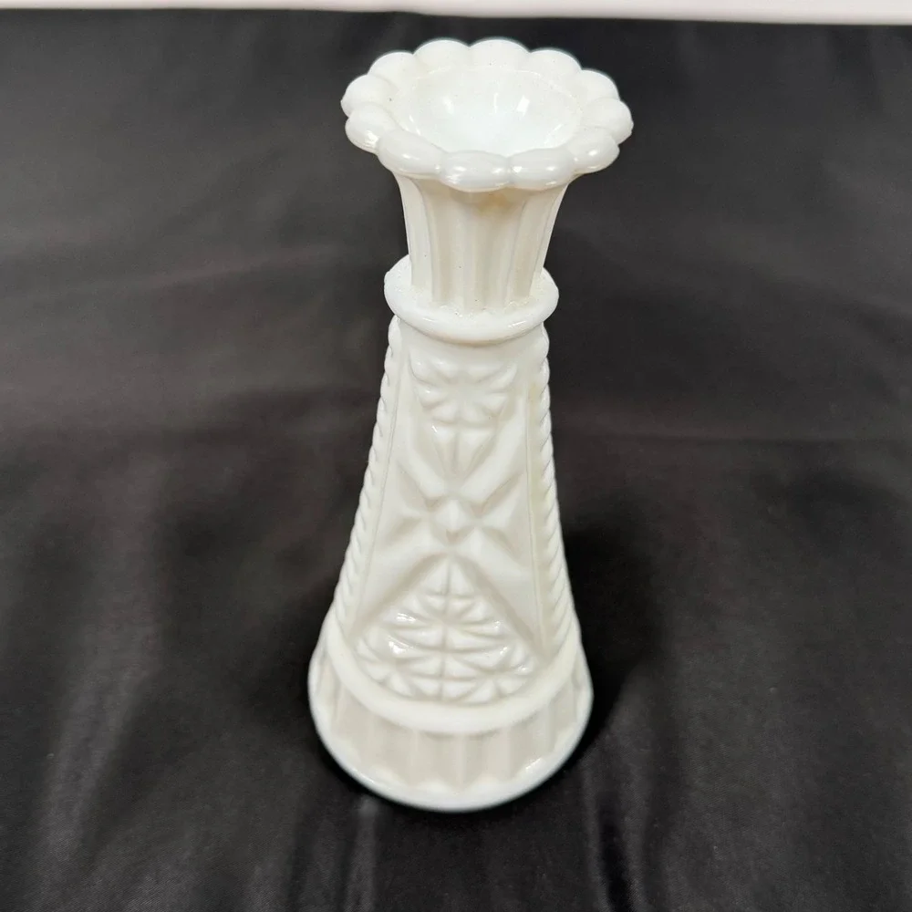 Milk Glass Bud Vase 6in White Embossed Star Ribbed Scalloped